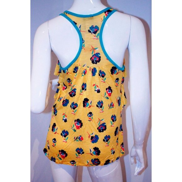 RUE 21 Yellow Aqua FLORAL Ruffles RACERBACK Rayon TANK Top SHIRT 100% Rayon S - Picture 2 of 2